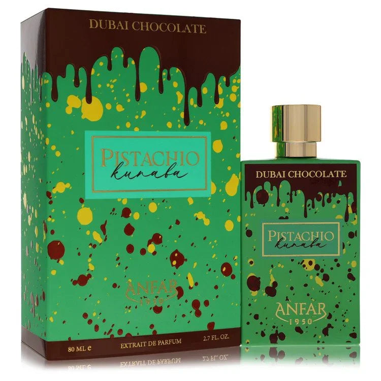 Dubai Chocolate Pistachio Hunafa perfume bottle and packaging on a white background