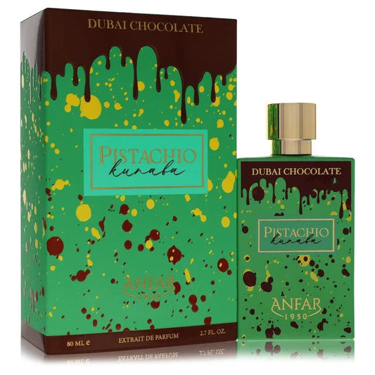 Dubai Chocolate Pistachio Hunafa perfume bottle and packaging on a white background