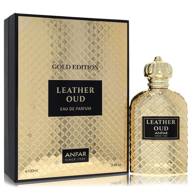 Anfar Leather Oud Gold Edition eau de parfum bottle and packaging on a white background, a woody oriental fragrance for men