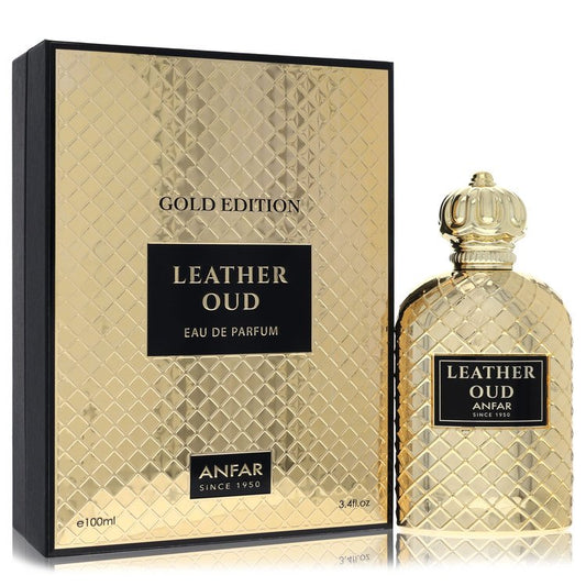 Anfar Leather Oud Gold Edition eau de parfum bottle and packaging on a white background, a woody oriental fragrance for men