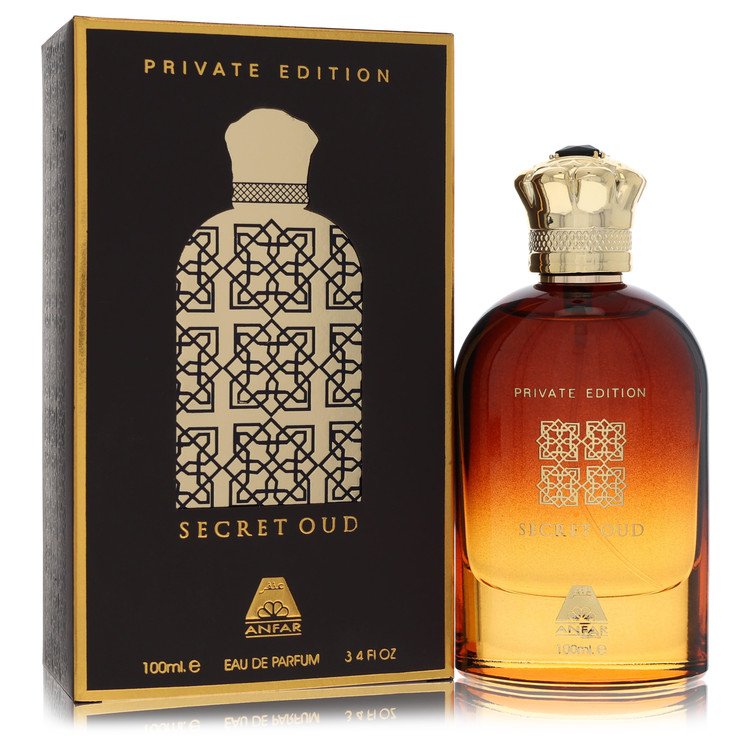 Anfar Secret Oud Eau de Parfum bottle — Woody Oriental cologne with saffron, nutmeg, agarwood, rose, and amber notes