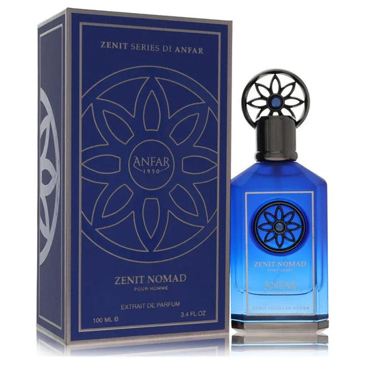Blue perfume bottle and packaging with 'Anfar' branding on a white background