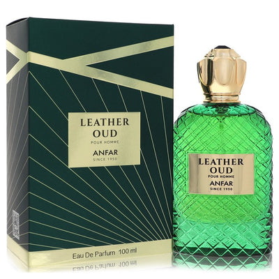 Anfar Leather Oud eau de parfum bottle and packaging on a white background, a woody oriental leather fragrance for men