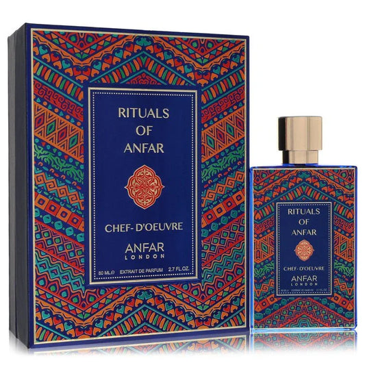 Rituals of Anfar perfume bottle and packaging with colorful geometric design