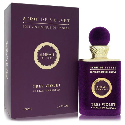 Anfar London Tres Violet perfume bottle and packaging on a white background