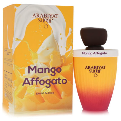 Arabiyat Sugar Mango Affogato Perfume bottle — unisex fruity oriental gourmand EDP with mango, nutmeg, clove, leather, saffron, moss, amber, akigalawood, patchouli, vetiver, and cypriol