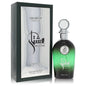 Green perfume bottle with 'Ishatar' branding next to its packaging on a white background