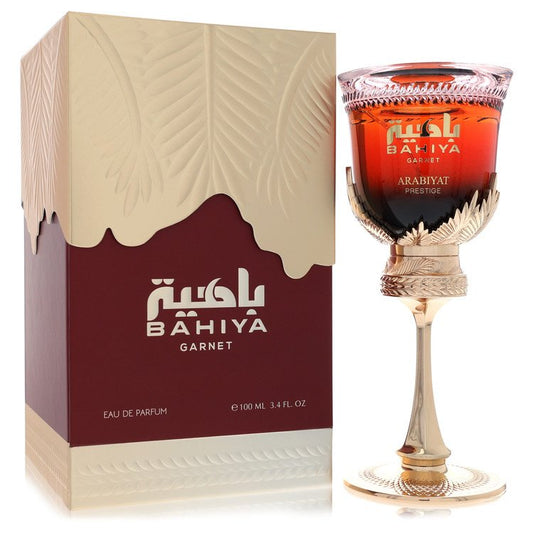 Bahiya Garnet perfume bottle and packaging on a white background