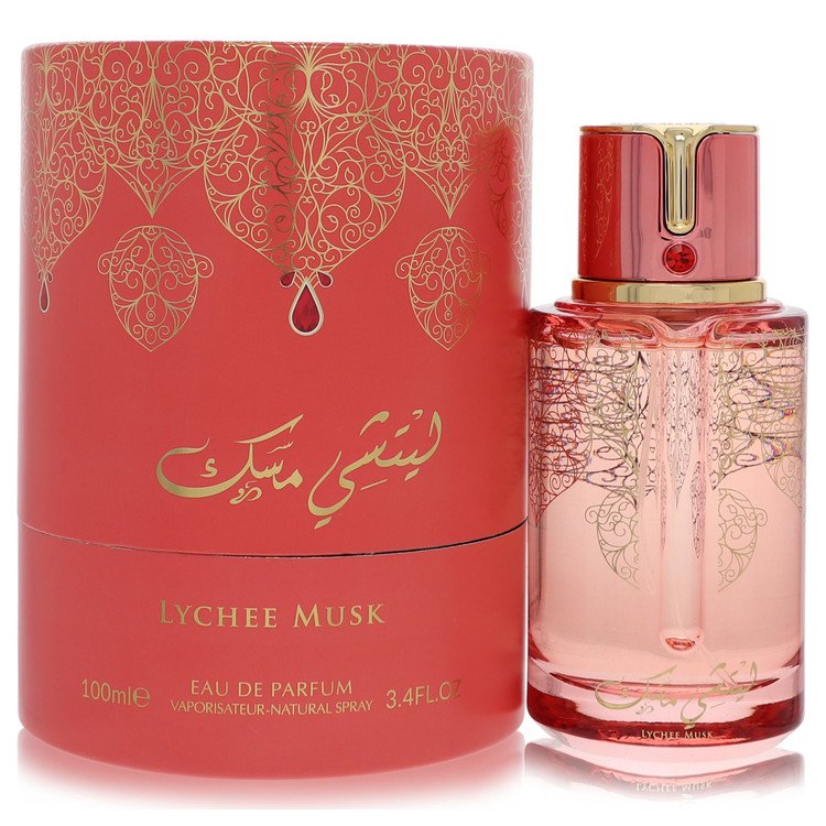 Red and gold perfume bottle with packaging labeled 'Lychee Musk' on a white background
