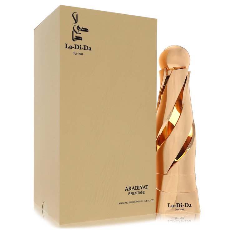 Gold perfume bottle and packaging with 'La-Di-Da' branding on a white background