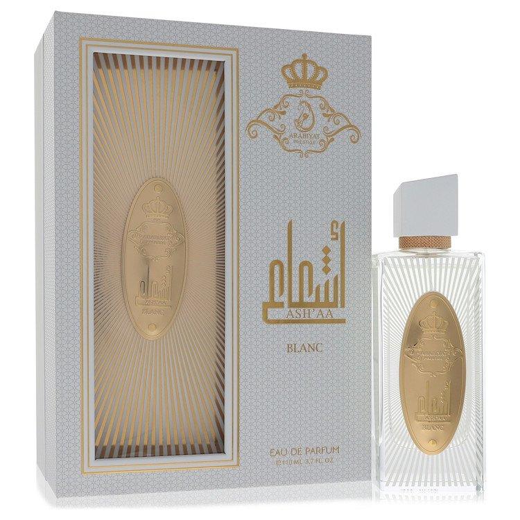 Perfume bottle and packaging with gold and white design on a white background