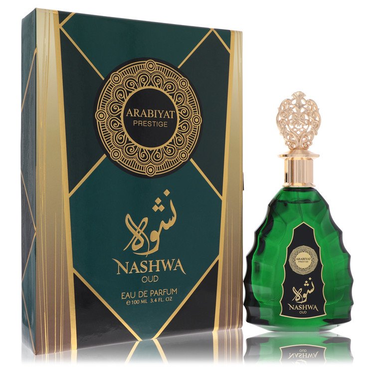Green perfume bottle with decorative cap and 'Nashwa' packaging on a white background