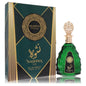 Green perfume bottle with decorative cap and 'Nashwa' packaging on a white background
