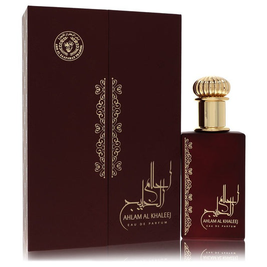 Ahlam Al Khaleej perfume bottle and packaging on a white background