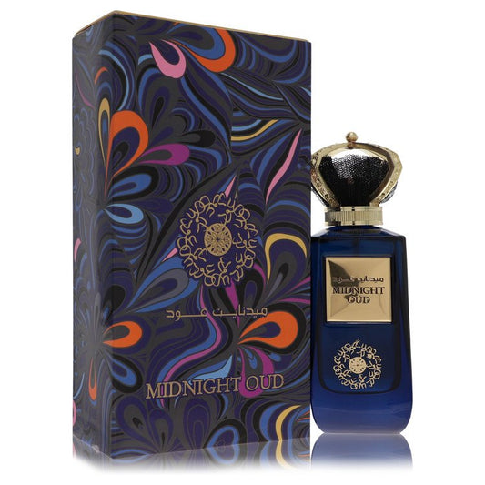 Ard Al Zaafaran Midnight Oud bottle — deep amber woody oud cologne with oregano, pimento, amber, and leather notes.