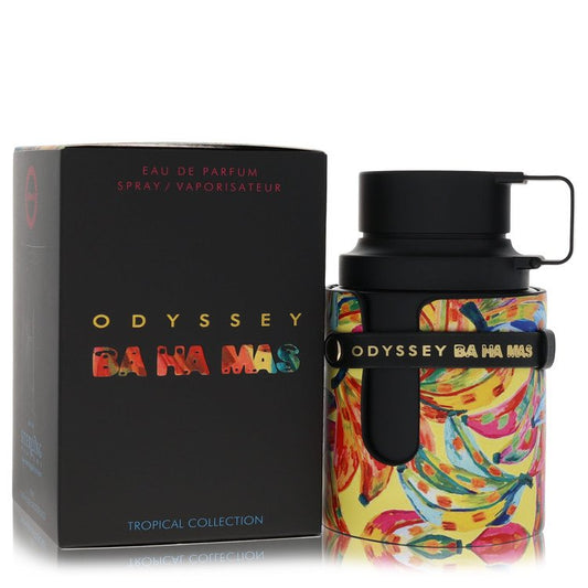 Odyssey Bahamas Eau de Parfum spray bottle with colorful design and packaging on a white background