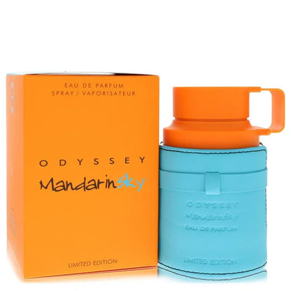 Armaf Odyssey Mandarin Sky Eau de Parfum copper crest brown flask bottle — luxury men's citrus floral fragrance featuring unique notes of mandarin and lily of the valley