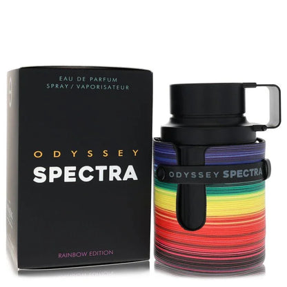 Odyssey Spectra perfume bottle with rainbow design and packaging on a white background