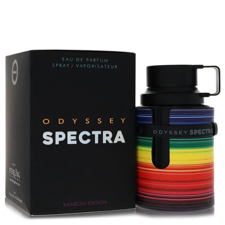 Odyssey Spectra perfume bottle with colorful design and black box packaging on a white background