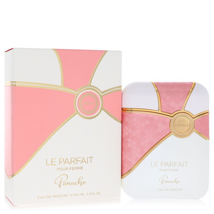 Parfum packaging with pink and white design on a white background