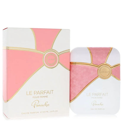 Parfum packaging with pink and white design on a white background