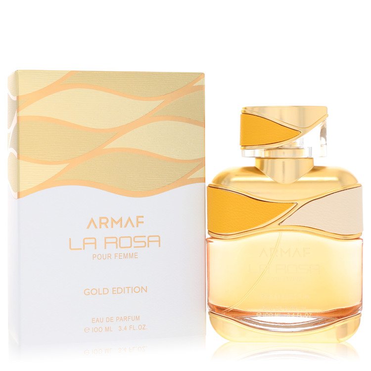 Armaf La Rosa Gold Edition perfume bottle for women by Armaf — Glamorous floral woody amber fragrance with citrus, red berries, rose, jasmine, soft white florals, amber, musk, and creamy woods notes