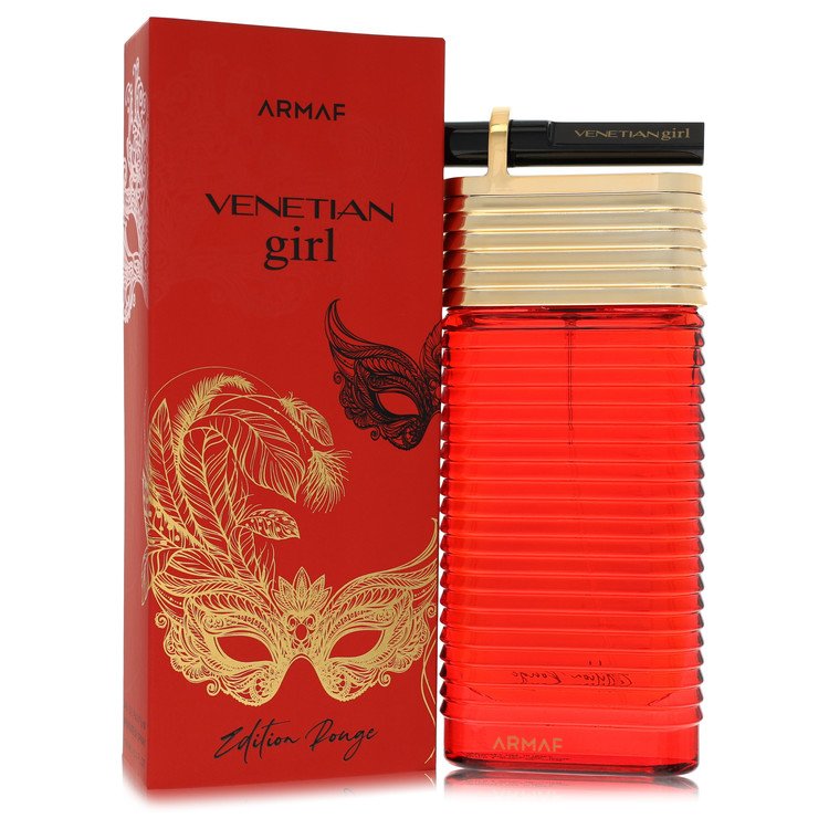 Armaf Venetian Girl Edition Rouge Perfume signature luxury red glass column architectural flacon displaying its transparent fluid boundaries, styled with elegant brand typographic markings, and topped with an ornate matching cap detail against a solid backdrop
