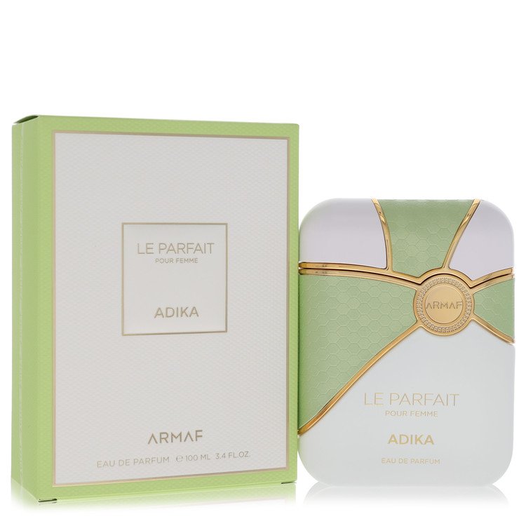 Armaf le Parfait Adika Perfume signature luxury glass flacon displaying its premium fluid contours, precise typographical brand labeling boundaries, and elegant capping details against a clean background