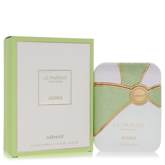 Armaf le Parfait Adika Perfume signature luxury glass flacon displaying its premium fluid contours, precise typographical brand labeling boundaries, and elegant capping details against a clean background
