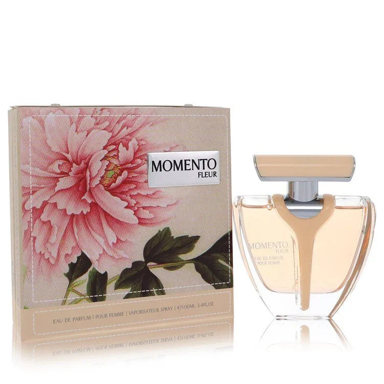 Armaf Momento Fleur women's EDP bottle showing floral woody notes bergamot black currant jasmine tuberose rose sandalwood vanilla musk