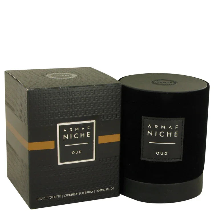 Black Armaf Niche Oud perfume bottle and packaging on a white background