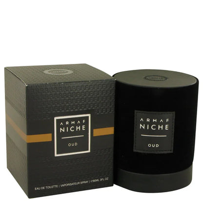 Black Armaf Niche Oud perfume bottle and packaging on a white background