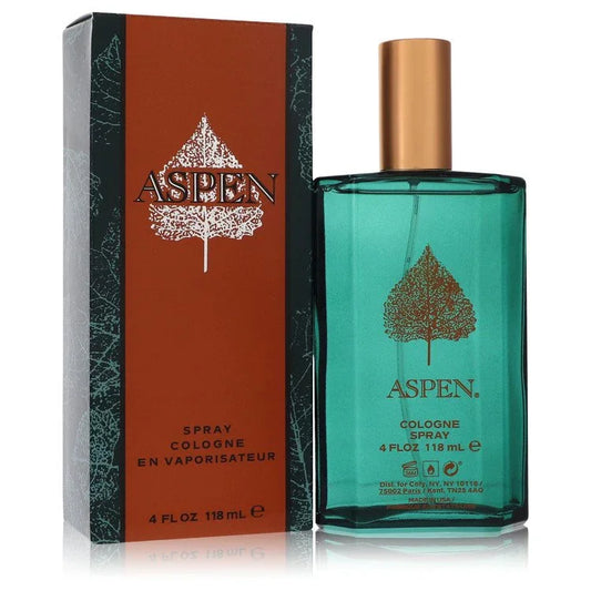 Aspen cologne spray bottle and packaging on a white background