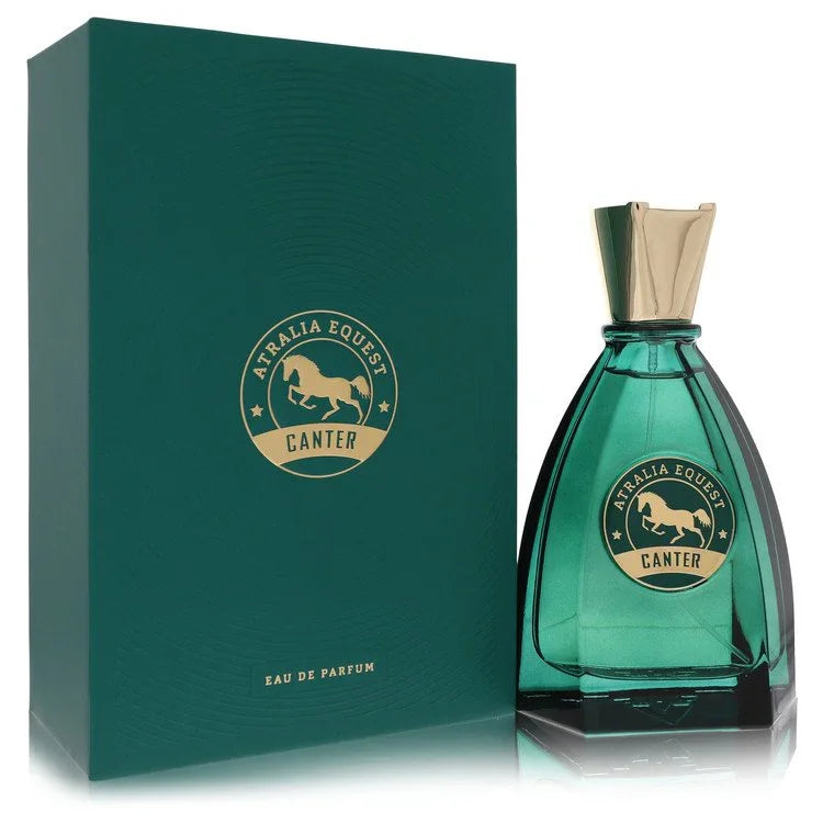 Green perfume bottle and packaging with 'Atralia Equest Canter' branding on a white background