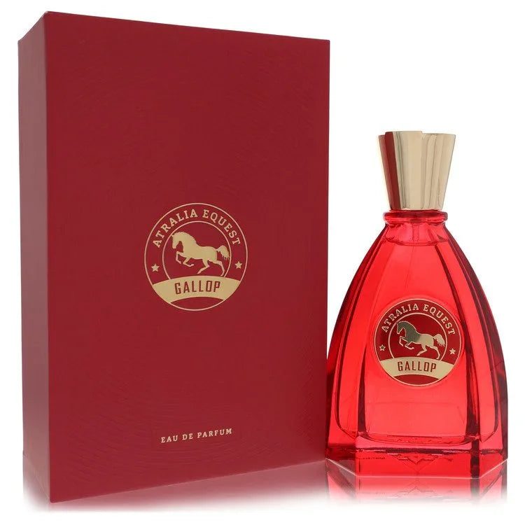 Red perfume bottle and packaging with 'Aryalia Equest' logo on a white background