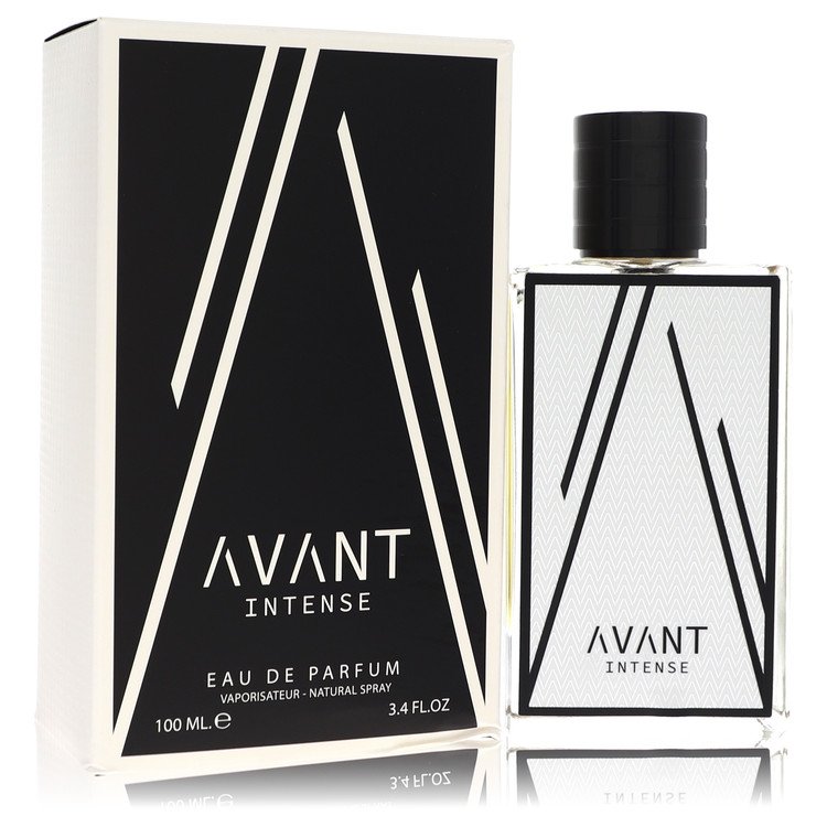 Fragrance World Avant Intense Cologne bottle — fruity chypre men fragrance with apple, bergamot, pear, mint, cinnamon, cedarwood, and vanilla.