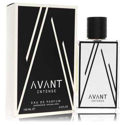 Fragrance World Avant Intense Cologne bottle — fruity chypre men fragrance with apple, bergamot, pear, mint, cinnamon, cedarwood, and vanilla.