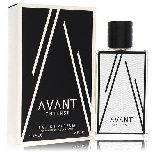 Fragrance World Avant Intense Cologne bottle — fruity chypre men fragrance with apple, bergamot, pear, mint, cinnamon, cedarwood, and vanilla.