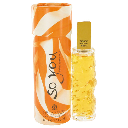 Perfume bottle and packaging with 'so you' branding on an orange and white background