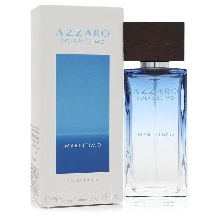 Azzaro Solarissimo Marettimo Eau de Toilette bottle in azure blue glass — aquatic woody cologne with lemon, sea notes, and cedar.