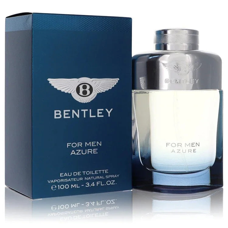 Bentley Azure Cologne bottle with lemon, pineapple, bergamot, tangerine, violet leaves, pimento, tea accord, lavender, clary sage, cashmere wood, tonka bean, and orcanox
