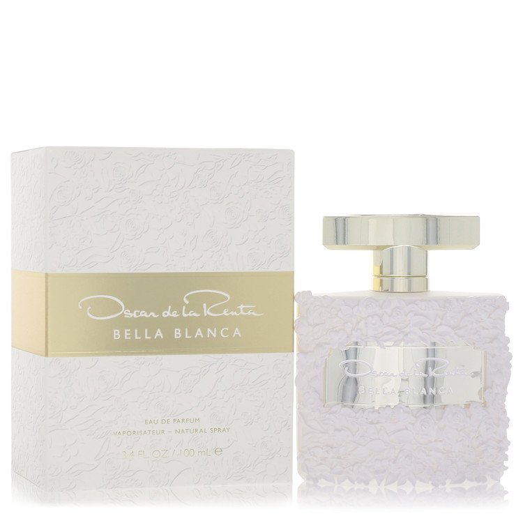 Bella Blanca perfume bottle by Oscar De La Renta — white floral fragrance for women with pear, lily of the valley, green notes, jasmine sambac, tuberose, orange blossom, white rose, dewy muguet, musk, white iris, sandalwood, ambrox, peach skin musk, and cashmere musk notes