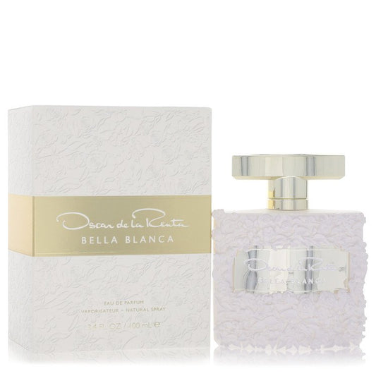 Bella Blanca perfume bottle by Oscar De La Renta — white floral fragrance for women with pear, lily of the valley, green notes, jasmine sambac, tuberose, orange blossom, white rose, dewy muguet, musk, white iris, sandalwood, ambrox, peach skin musk, and cashmere musk notes