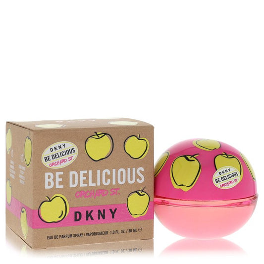 DKNY Be Delicious Orchard St perfume bottle and packaging on a white background