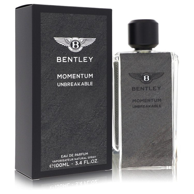 Bentley Momentum Unbreakable Cologne bottle — fresh woody men’s Eau de Parfum with mandarin orange, violet leaf, lavender, geranium, immortelle, iris, papyrus, Dreamwood, Haitian vetiver, and patchouli.