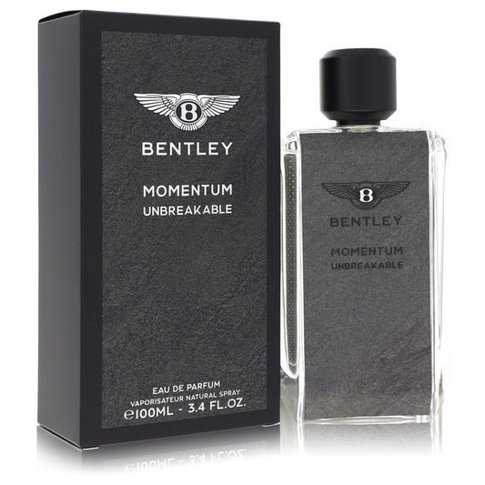 Bentley Momentum Unbreakable Cologne bottle — fresh woody men’s Eau de Parfum with mandarin orange, violet leaf, lavender, geranium, immortelle, iris, papyrus, Dreamwood, Haitian vetiver, and patchouli.