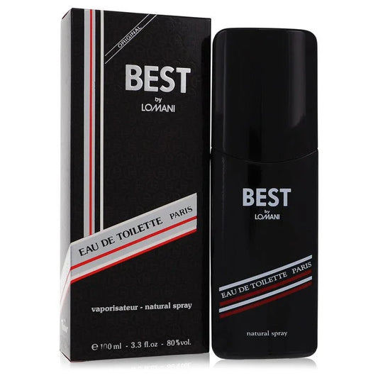 Black 'Best' by Lomani Eau de Toilette bottle and packaging on a white background