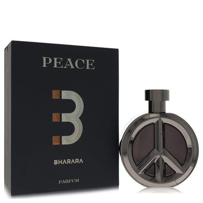 Bharara Peace Eau de Parfum bottle with green leaves, citrus, cardamom, cashmere wood, oakmoss, patchouli and vetiver