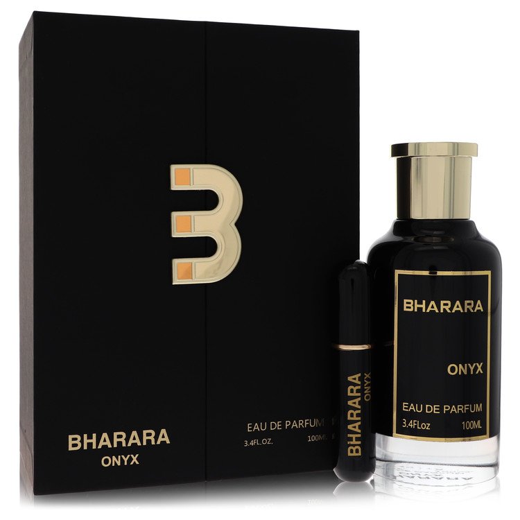 Bharara Onyx Eau de Parfum bottle — aromatic spicy men's cologne with bergamot, lemon, apple, cardamom, lavender, tobacco, tonka bean, sandalwood, and vanilla notes.