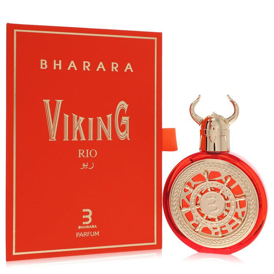3.4 oz Bharara Viking Rio Parfum Spray bottle with grass, bergamot, plum, rose, jasmine, moss, amber, sandalwood and vanilla